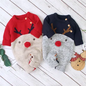 

0-18M Christmas Baby Clothes Newborn Infant Boy Girl Deer Romper Knitted Warm Jumpsuit Xmas Baby Costumes Clothes
