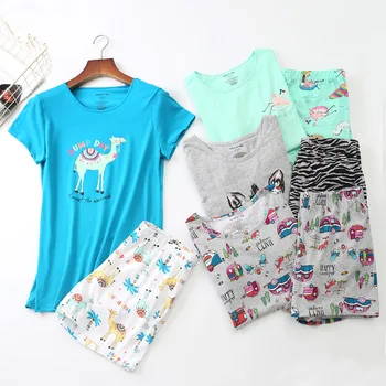 

Summer Short Sleeve Shorts Pajamas for Women Lovely Knitting Cotton Cartoon Printing Pijama Loungewear Couple Household Suit