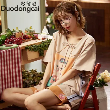 

Summer Cute Cartoon Women's Cotton Leisure Tops Korean-Style Loose Short-Sleeved Shorts Youth Cotton Pajamas Set