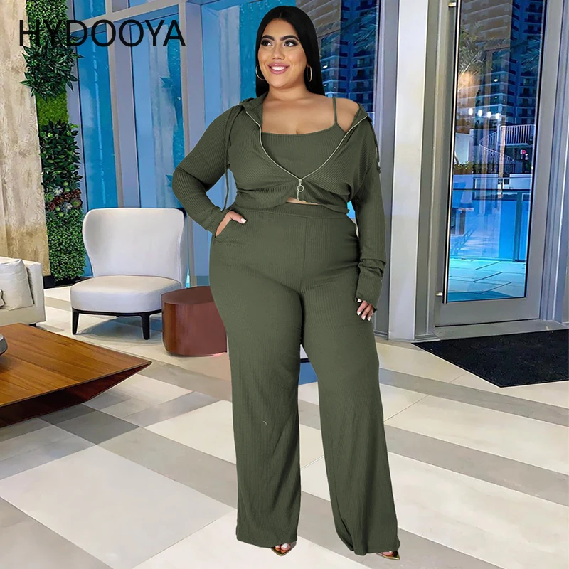 Plus Size 3 Piece Sets Women Clothing Chic Full Sleeve Hooded Coat+camisole Crop Top+loose Wide Leg Pants Dropshipping Wholesale