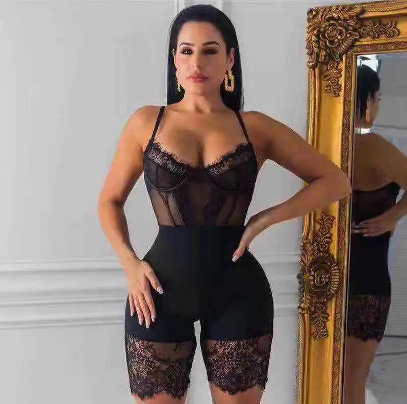 Women's bandages new summer celebrity party dusty pink black bandage lace jumpsuit