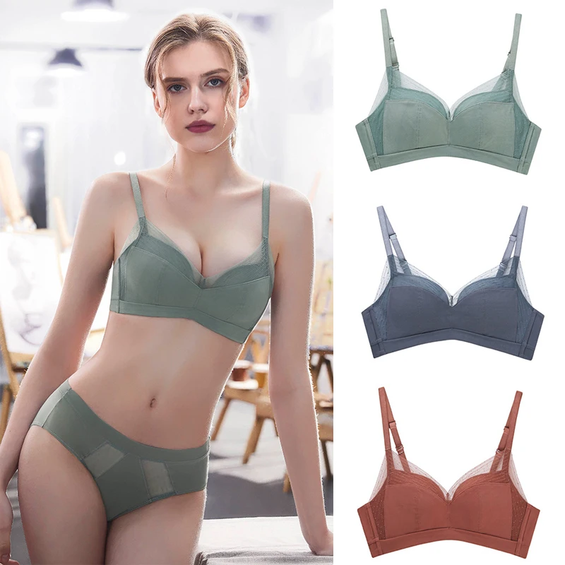 

Free shipping Autumn bra with lace screen and adjustable bra Wireless brallette bra and panty set Multicolor lingerie