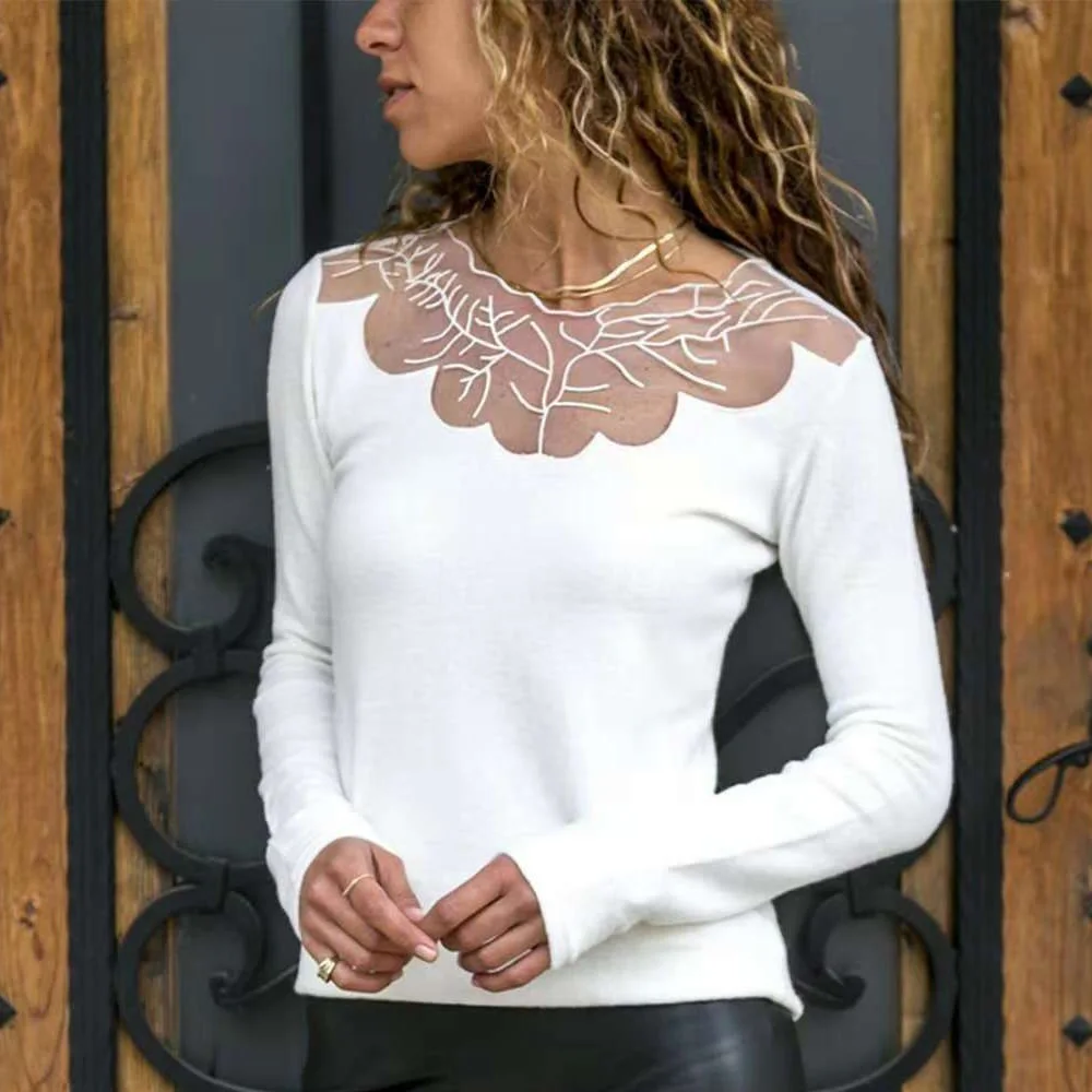 

2019 Autumn Womens Black White Sexy Tops Blouses Fashion Lace Patchwork Long Sleeve Shirt Women Blouse Blusas Outwear Slim Shirt