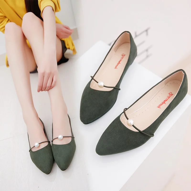 

2018 Spring And Summer New Style Korean-style Pearl Flat WOMEN'S Shoes Solid Color Small Sharp Point Low-Cut Soft-Sole Foot Cove