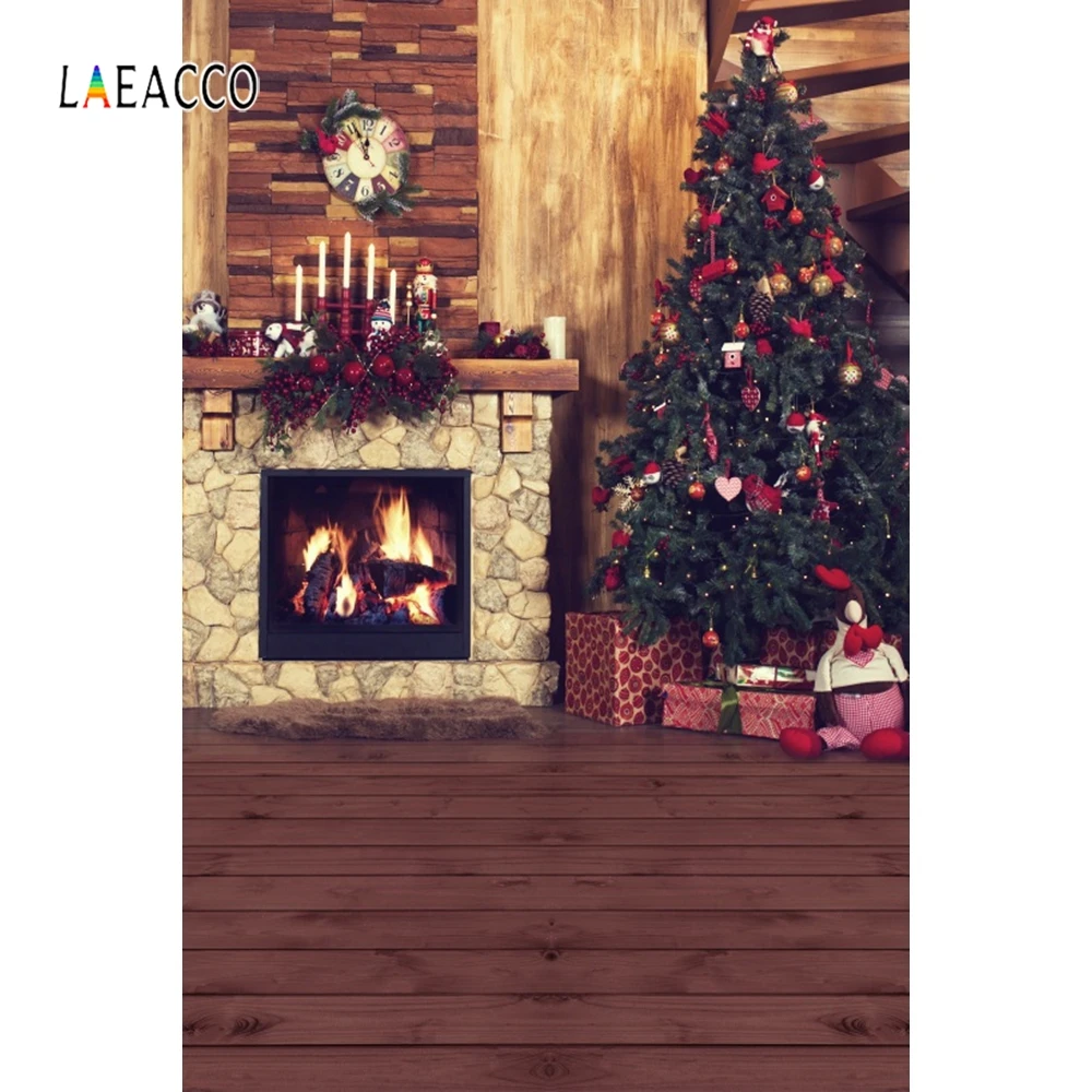 

Laeacco Christmas Tree Fireplace Gifts Clock Candle Wooden Floor Photography Backdrops Photo Backgrounds New Year Photophone