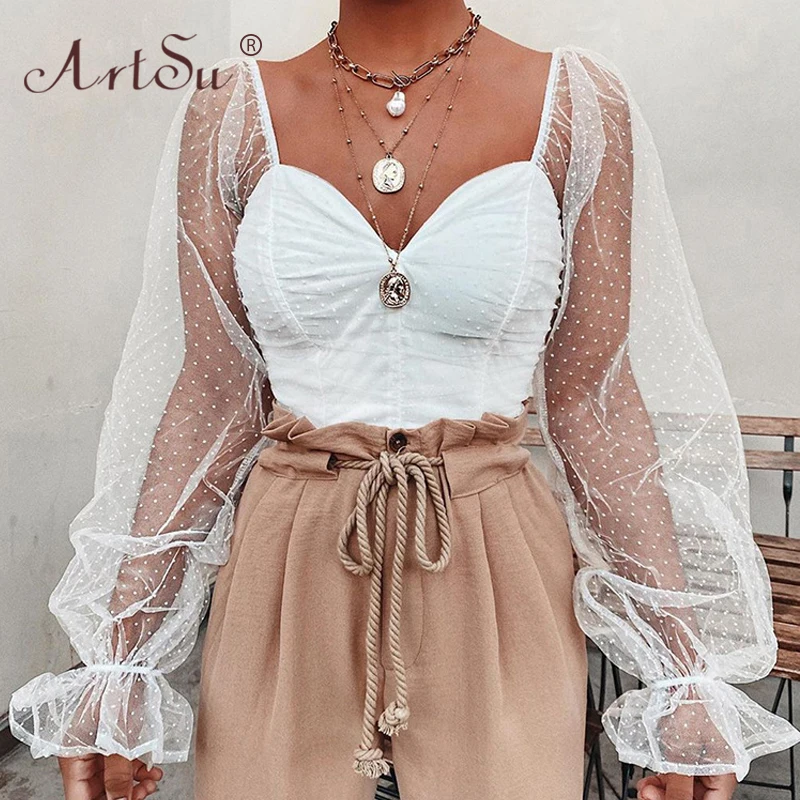 ArtSu Polka Dot Sexy Bodysuit Women See Through Long Sleeve Mesh Bodysuits Fashion Party Body Top Mujer 2020 Pink Black White ArtSu Polka Dot Sexy Bodysuit Women See Through Long Sleeve Mesh Bodysuits Fashion Party Body Top Mujer 2020 Pink Black White