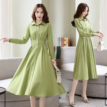 

Autumn lace stitching over the knee long dress waist slimming temperament shirt skirt women's clothing