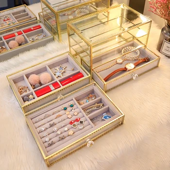 

2 layer Clear Glass Jewelry Box with Removable Velvet Drawer Tray Metal Brass Lace Edged Jewelery Display Dustproof Organizer