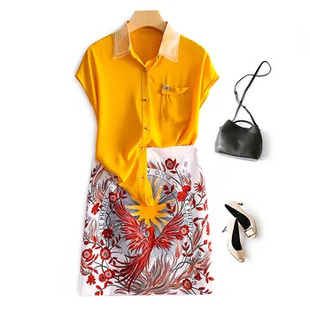 

Fashion Designer Set Spring Summer Women Short sleeve Chiffon Shirt Tops+Animal Print Mini Skirt Two-piece set