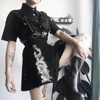 

NCLAGEN Gothic Black High Waist Dragon Embroidery Pleated Mini Skirt Women Streetwear Punk Party Club Bodycon Harajuku Skirts