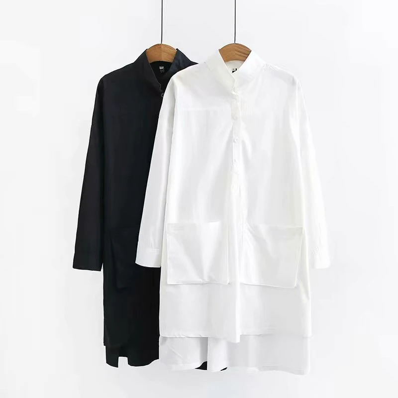 

Plus Size XL-3XL Women's Long Sleeve Blouse White Black Button Casual Tops Big Pockets Shirts