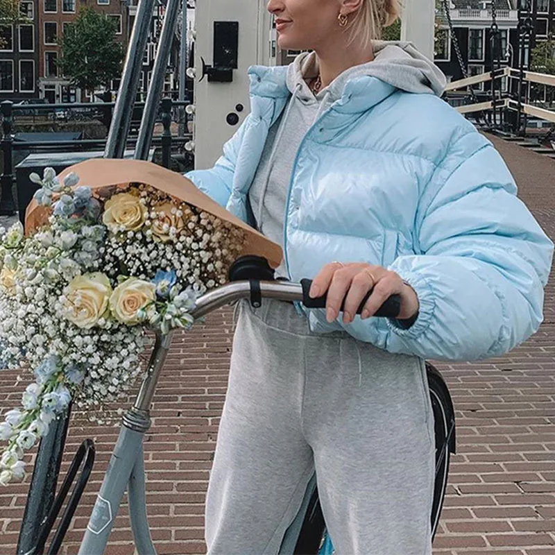 

Women Winter Soft Cropped Jacket High Visibility Thick Puffer Padded Coat Solid Color Sweet Overcoat Cropped Jacket Outwear