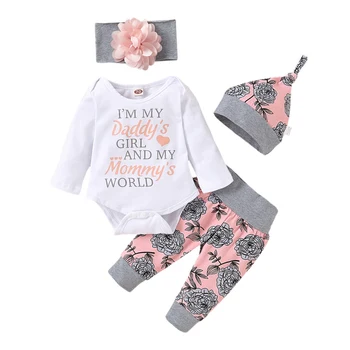 

Newborn Kids Baby Girls Clothes Sets Letter Print Romper Flower Printed Pants Headband Hat 4pcs Baby Clothing Sets