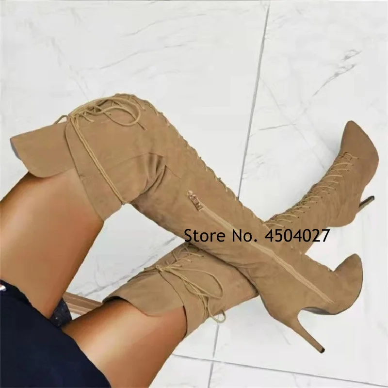 

Brown Dark Gray Lace-up Knee High Boots Pointed Toe Thin Heel Long Dress Shoes Crosscriss Tied Stiletto