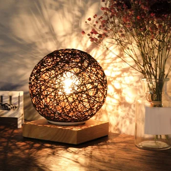 

Usb LED Table Lamps Wooden Dimmable Rattan Ball Bulb Home Decor wood color