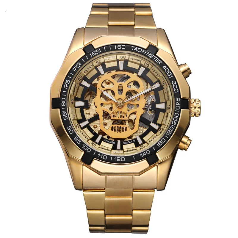 Gold Glod Black Уникальный уход за кожей лица чехол часы в форме черепа автоматические механические мужские часы спортивные мужское в деловом стиле часы - Цвет: Gold Glod Black