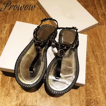 

Prowow 2020 New Fashion Quality Black White Genuine Leather Metal Chain Sandals Summer Hot Ladies Beach Party Flats Sandals