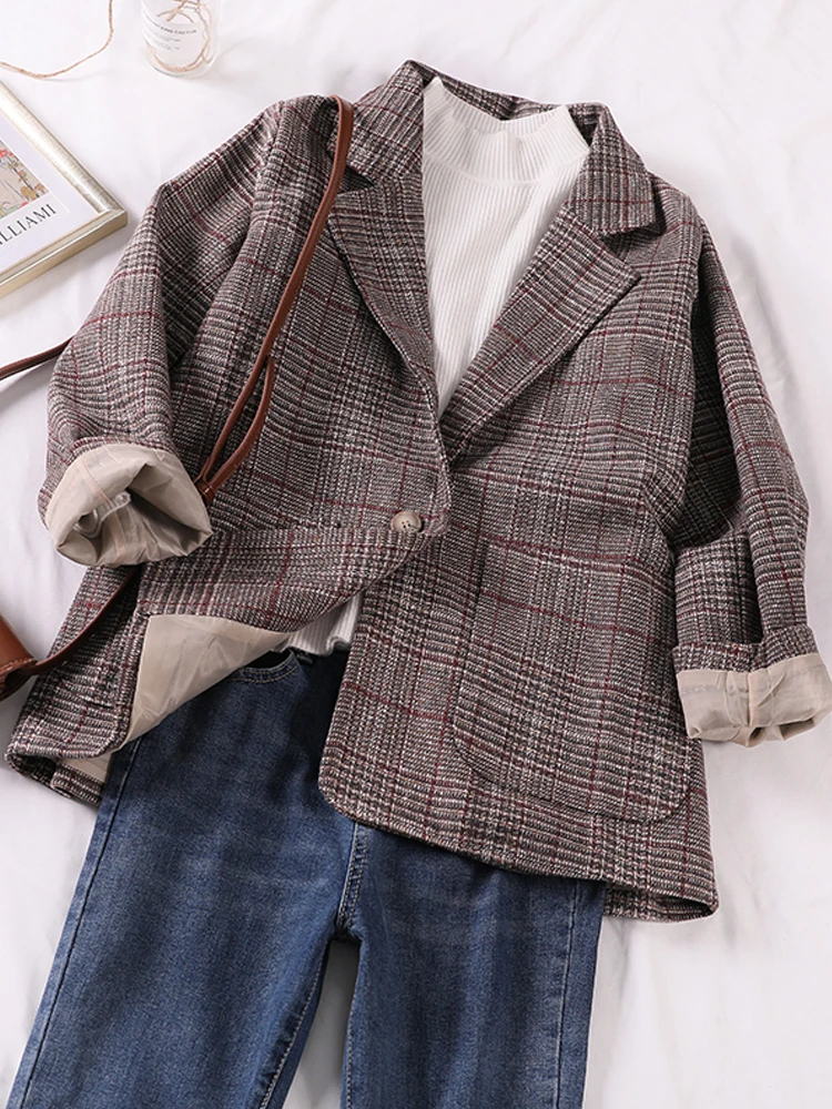 

Casual Classic Office Lady Plaid Women Jacket Blazer Double Breasted Notched Collar Pockets Loose Jackets Female