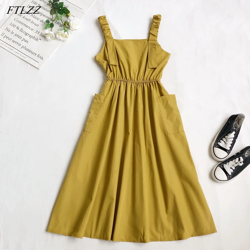 FTLZZ Summer New Arrival Women Sweet Strap Mid-length Dress Ladies Casual Solid Loose High Waist A-line Dresses | Женская одежда