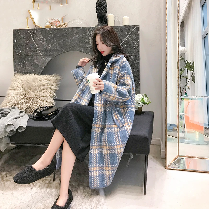 

Imitation Mink Cashmere Women Coat 2019 New Plaid Loose Knit Coat Female Long Thick Sweater Coat Women Autumn Winter Knit AN256