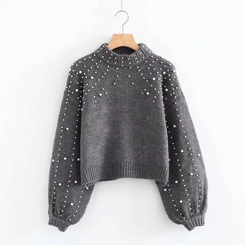 

MUMUZI Women Clothing White Sweaters Beaded Crewneck Pullover Tops New Short Design High Waist Knitted Tops Loose Knitwear