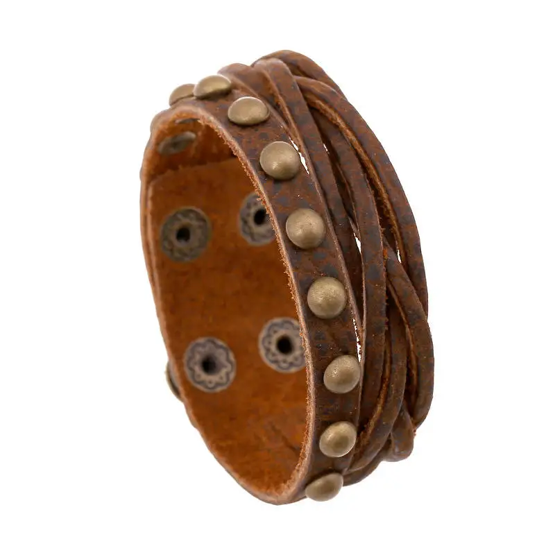 

Boho Hippie Punk Brown Real Leather Broze Copper Rivets Charm Wrap Adjusted Layers Macramй Unisex Bracelet Bangle for Men