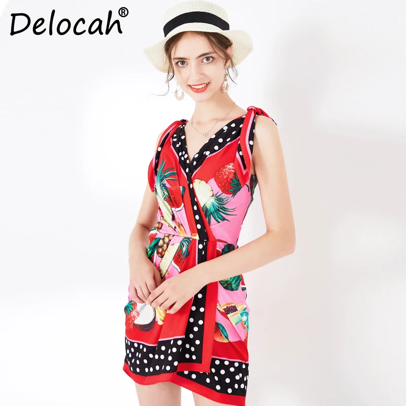 

Delocah 2020 Spring Summer Women Dress Runway Fashion Designer Sexy V-Neck Simple Bow Dot Printed Elegant Slim A-Line Dresses