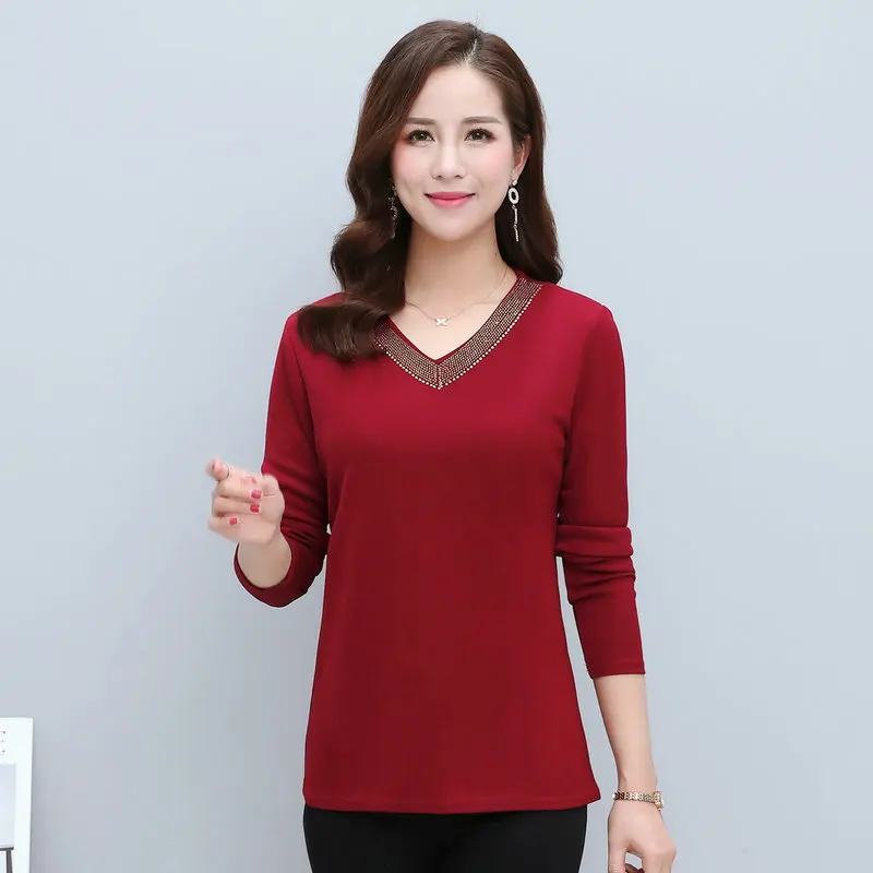 

Women Basic Blouses Sequined V-neck Collar Design Red Blue Purple Plain Colour Slim Fit Long Sleeve Top Woman Spring Clothes New