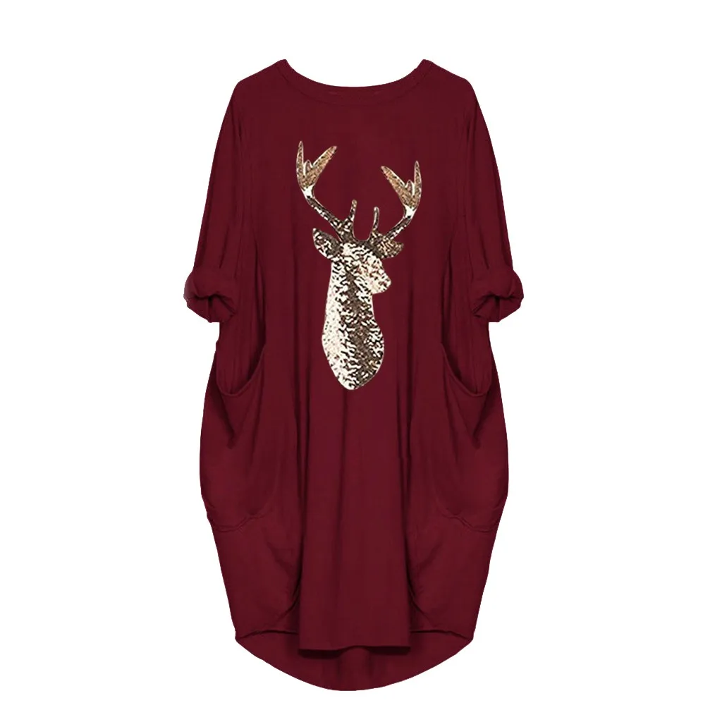 JAYCOSIN ladies dress winter large size round neck long sleeve solid color pocket dress Christmas antler print casual fashion