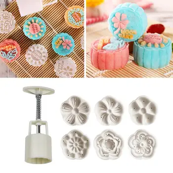 

6 Style Round Flower Shaped Mooncake Mold Hand Presser Fondant Moon Cake Decorating Tools Cookies Cutter Pastry Baking Tool