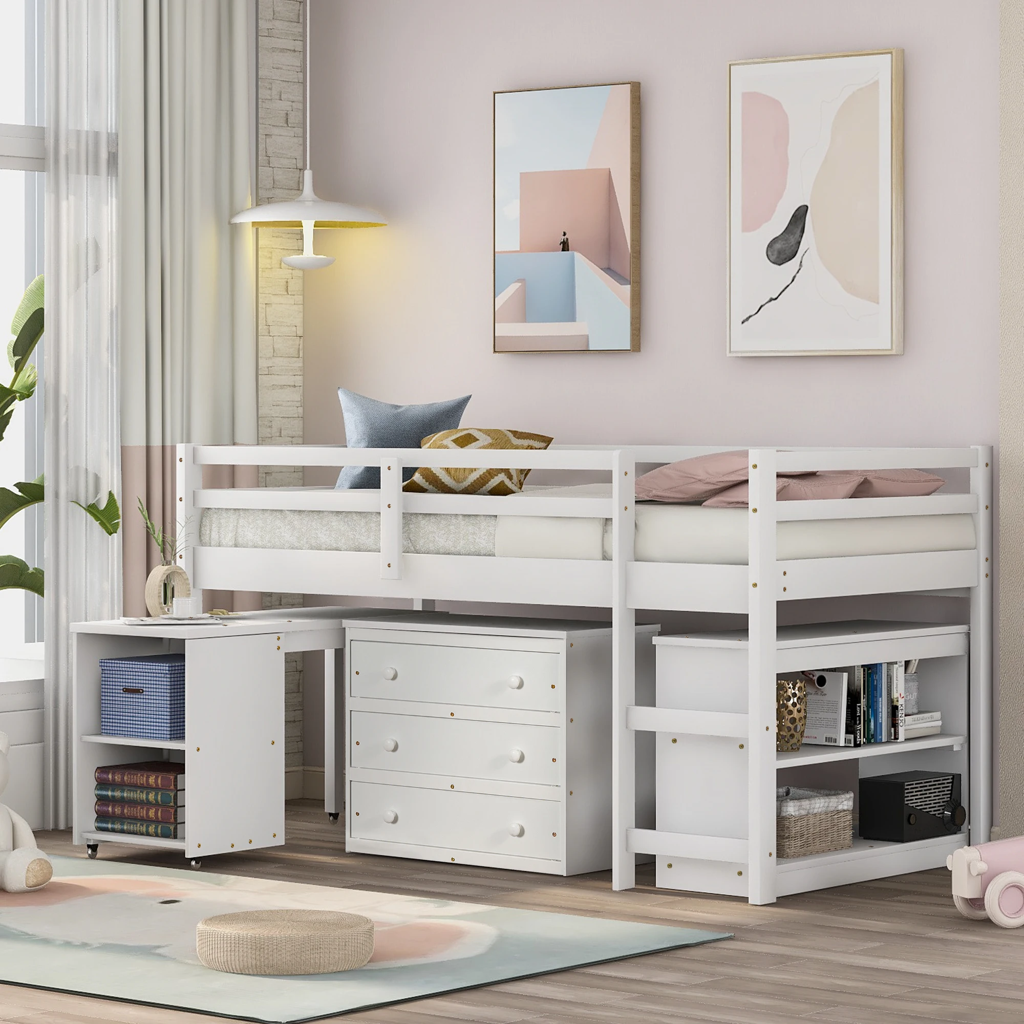 

Twin Size Bed Frame Low Study Loft Bed with Cabinet and Rolling Portable Desk 78"L x 43"W x 45"H White/Gray/Espresso[US-Depot]