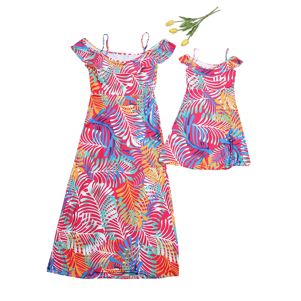 

OEAK 2020 Summer Fashion Family Dress Kid Matching Mother And Daughter Clothes Outfits Look Cute Printing Suspender Dress