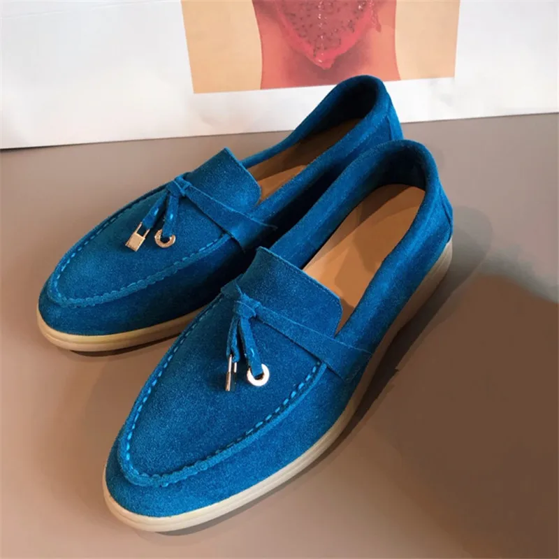 blue Женская обувь на плоской подошве; женские лоферы из коровьей замши; повседневные тонкие туфли в винтажном стиле на низком каблуке; модная Осенняя обувь на плоской подошве без застежки; женская обувь - Цвет: blue