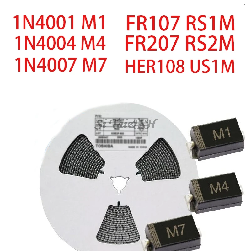 100 шт. SMA выпрямительный диод 1N4001 M1 1N4004 M4 1N4007 M7 FR107 RS1M FR207 RS2M HER108 US1M SF18 ES1J SF14 ES1D DO-214AC |