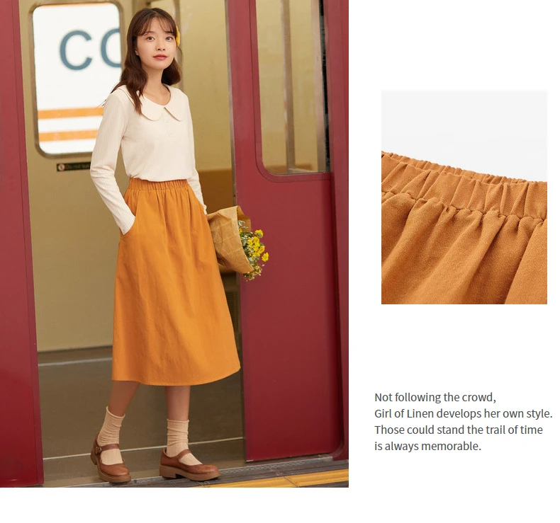 INMAN 2020 Autumn Winter New Arrival Skirt High Waist Pure Cotton Embroidered Elastic Waist Solid Color Temperament Skirt