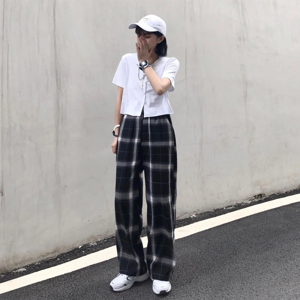 

Plaid Pants Women Casual Chic Oversize 2XL Loose Wide Leg Trousers Ins Retro Teens Harajuku Hip-hop All-match Unisex Streetwear