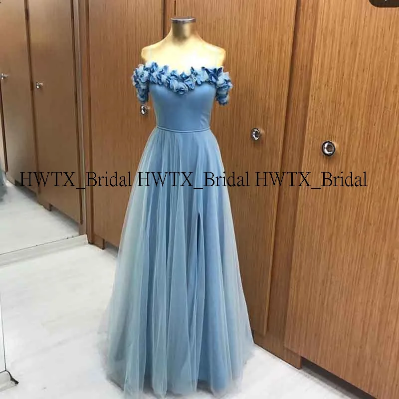 HWTX_Bridal синие длинные платья для выпускного вечера элегантное А-силуэт 3D цветы с открытыми плечами Тюль Формальное женское вечернее платье на заказ