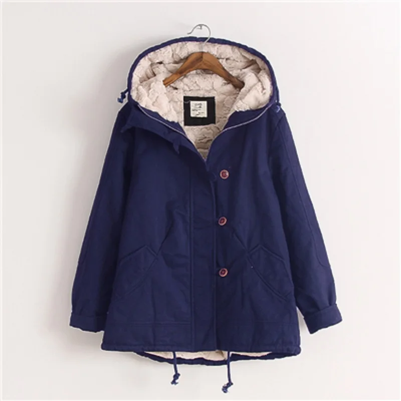 Liva/зимняя куртка для девочек; Женская куртка в Корейском стиле для студентов; милое свободное утепленное кашемировое пальто с капюшоном; женская короткая однотонная ветровка