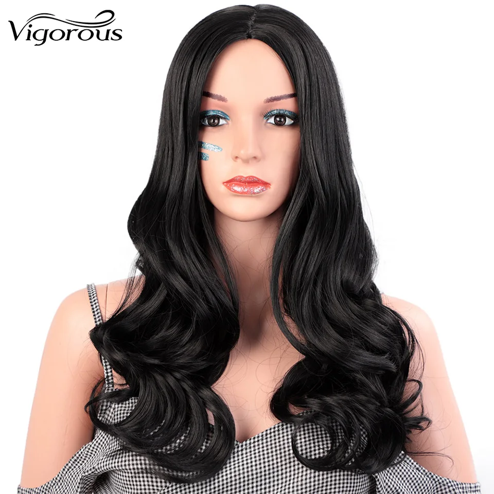 

Vigorous Natural Wave Wig Ombre Black Brown Wig Synthetic Long Wigs for Women Middle Part Heat Resistant Fiber Hair