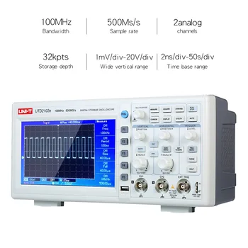 

Digital Bench Oscilloscope 100MHz Logic Analyzer Bandwidth 2 Channels 500Ms/S Storage Portable 7" TFT LCD Scopemeter UTD2102e