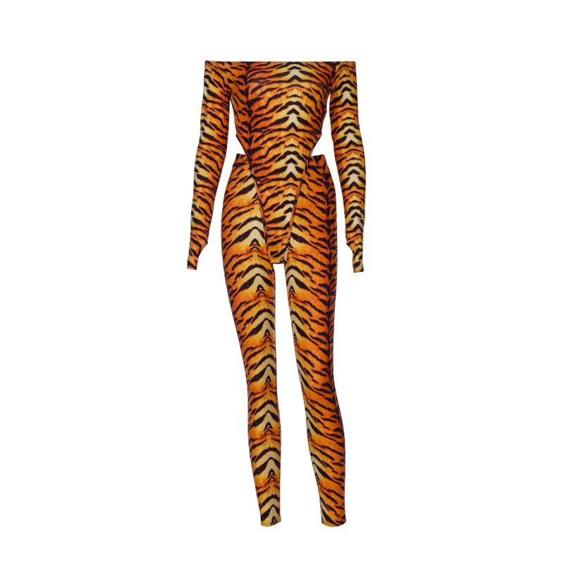 Сексуальный обтягивающий боди с вырезом-лодочкой и тигровым леопардовым принтом, леггинсы с высокой талией, комплект из 2 предметов, Клубная одежда, комбинезоны - Цвет: tiger