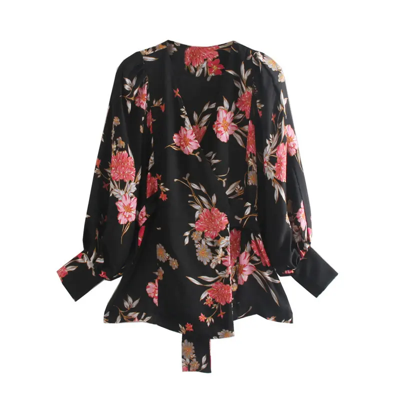 

Flower Printing Women Cross V Neck Long Sleeve Shirt 2019 Autumn Leisure Lady Blouse Loose Tops S6213