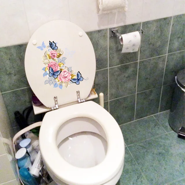 Zttzdy 23Cm × 25,6 Cm Finom Virág Illusztráció Otthoni Fal Dekoráció Rózsaszín Rózsa Kék Pillangó Wc-Matricák T2-0889 - Image 4