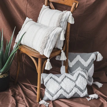 

Handmade Morocco geometric tufted tassel pillowcase Boho Ethnic Grey Beige Pillow Cover decorative christmas pillow case