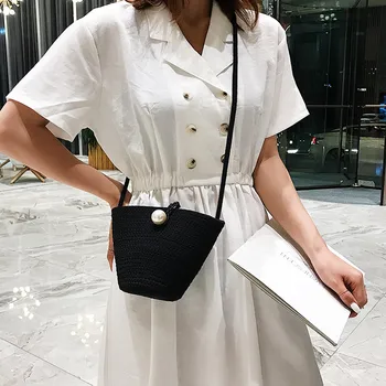 

Women 2019 Crossbody Small Bag Vintage Pearl Woven Drum Shoulder Handbag Bags Ladies Retro Buckets Mini Flap Messenger Bag