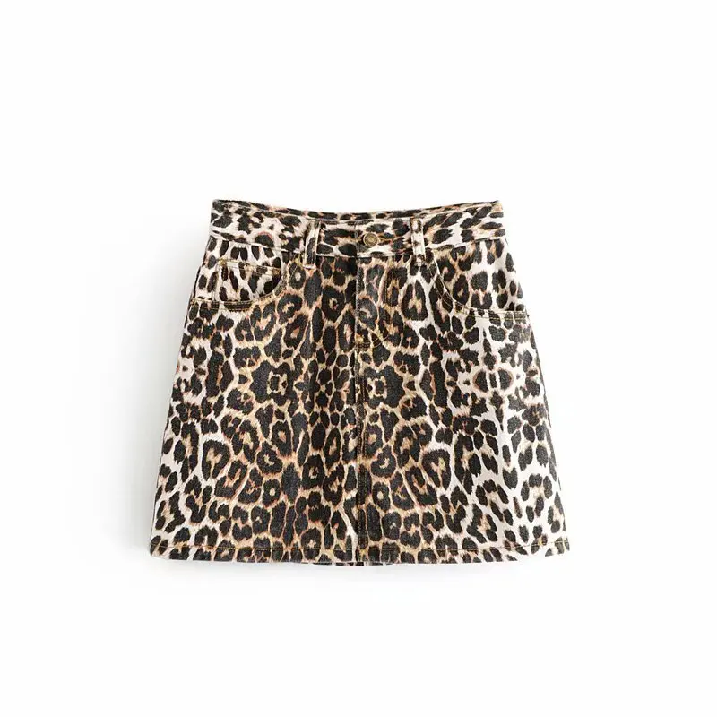 

C5717-6353 Trend WOMEN'S Dress Batch Leopord Pattern Mixed Colors A- line High-waisted Front And Back Pocket Zip Denim Skirt