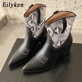 

Eilyken Fashion Serpentine Pointed Toe Western Ankle Boots 2020 Winter PU Leather Chunky Low Heels New Booties For Women Shoes