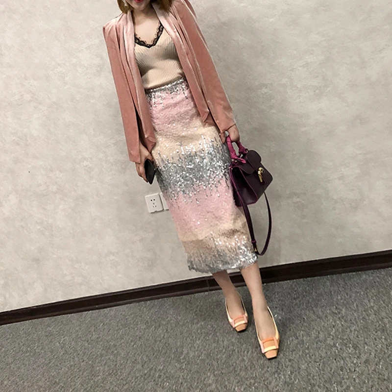 Женская юбка карандаш RICININA блестящая с разрезом на молнии большие размеры