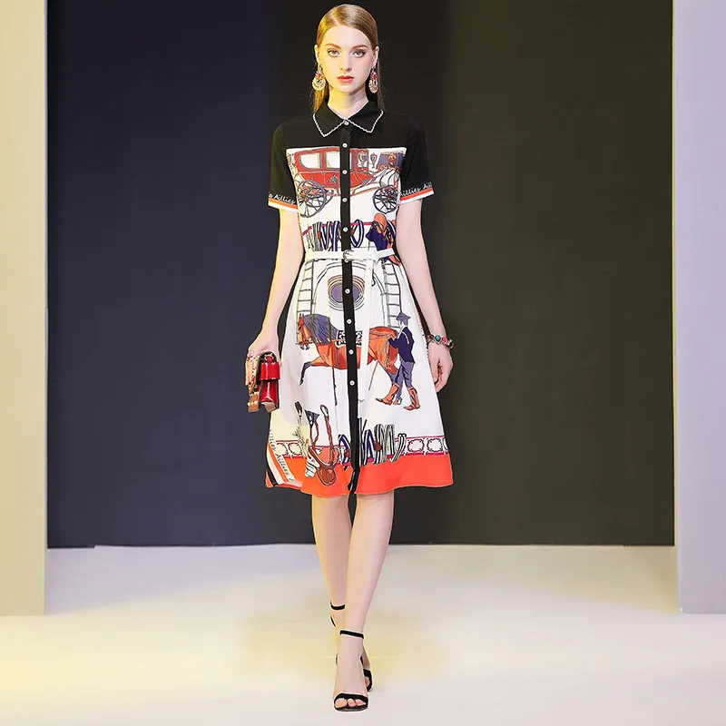 

DIDABLE 2019 Summer new European and American women's lace lapel short sleeved single-breasted carriage printed dress distribu