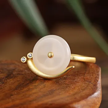 

Fashion vintage Hetian Jade Jasper Small Snail Safe Buckle Ring for women 925 Silver Gold-plated Ring Fine Jewelry Party Gifts